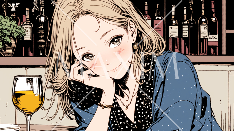 ワインを飲んでいる女性：カクテルバーで白ワインを飲んでいます