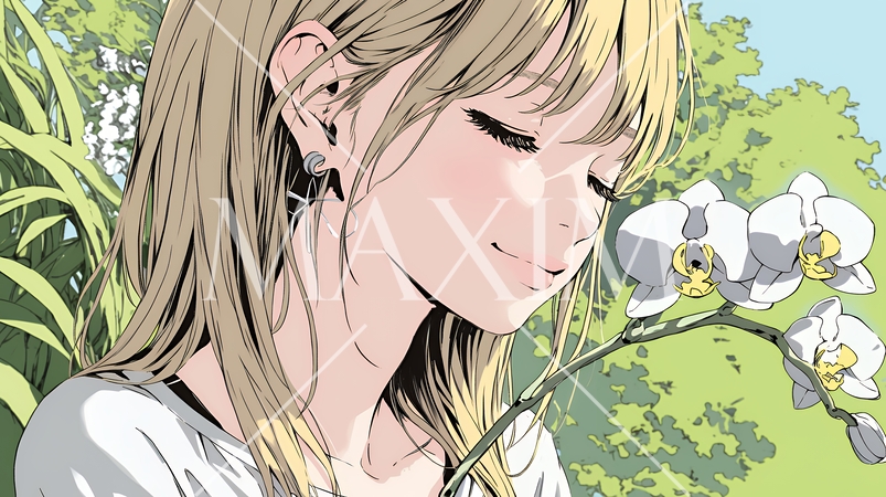 蘭の花と若い女性