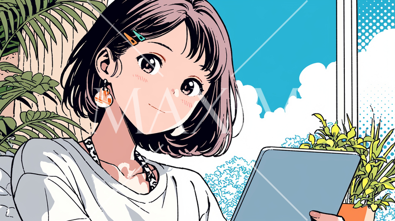 沖縄の海辺のオフィスでタブレットを操作している若い女性