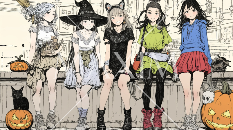 仲間とハロウィンイベントに参加する若い女性たち