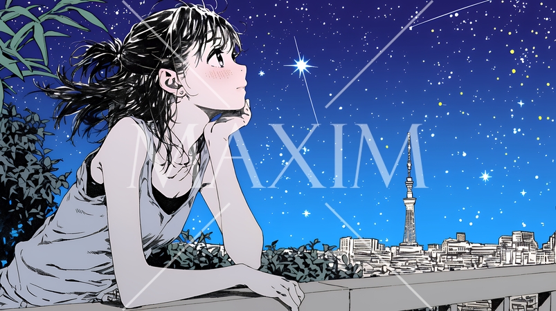 星空を眺めている若い女性