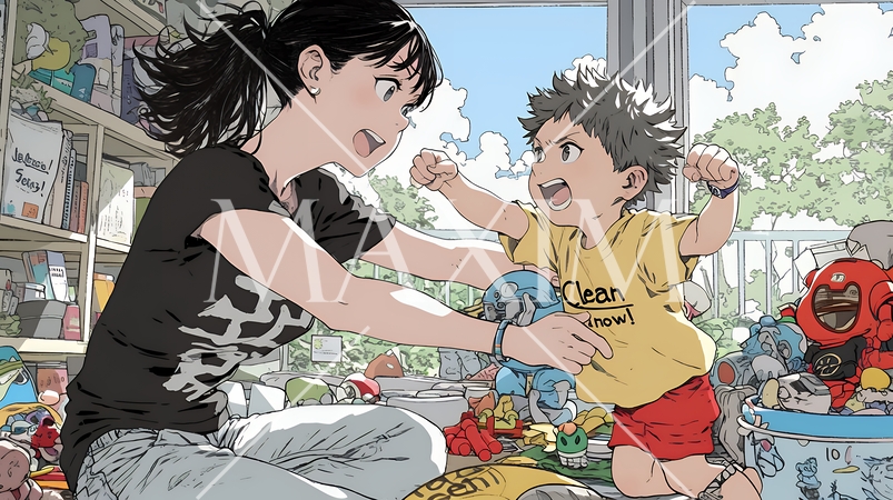 家の中で子どもと遊んでいる若い母親