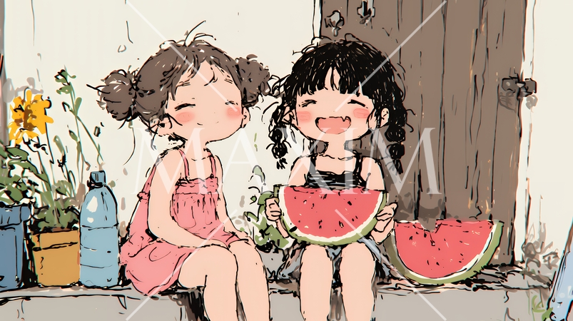 小学生の夏の思い出：仲の良い友だちとスイカ割り（クレヨン＋水彩画風）