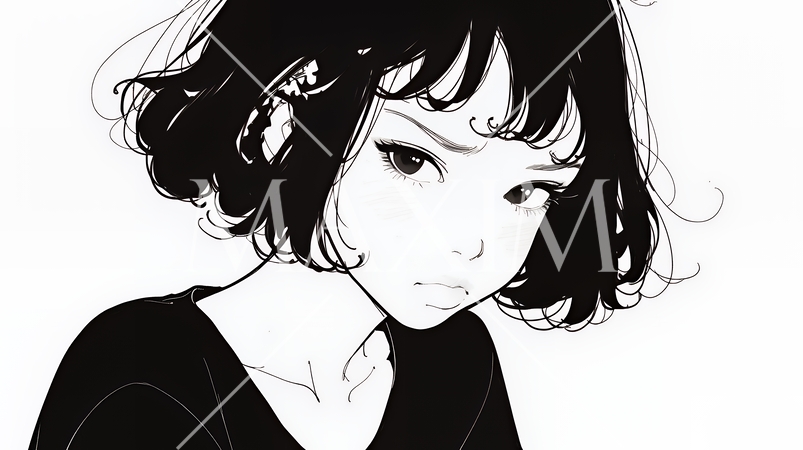 嫉妬の表情を浮かべる若い女性（シンプルな色使い）