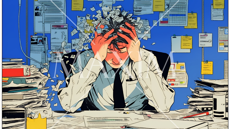 深夜残業で疲弊する会社員｜過労とストレスに悩むビジネスパーソン（ブラック企業イメージ）