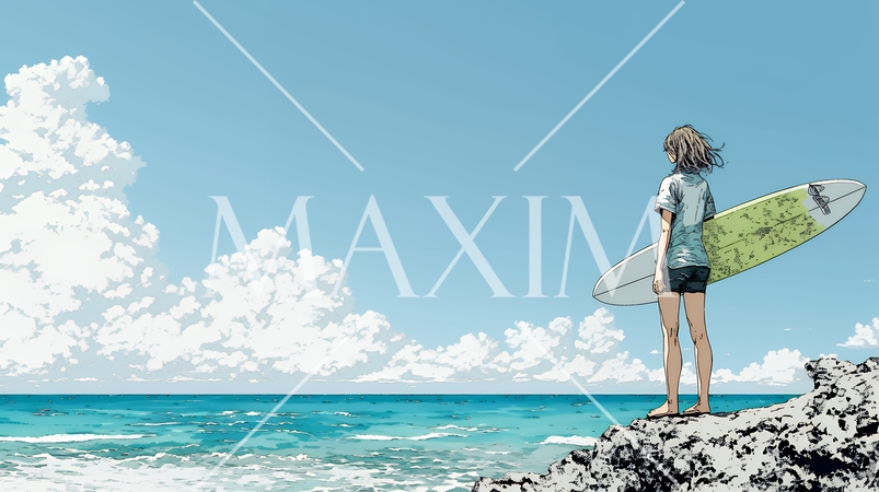 サーフボードを持ち海を見つめる若い女性｜ビーチ・リゾート・ライフスタイル・アウトドア