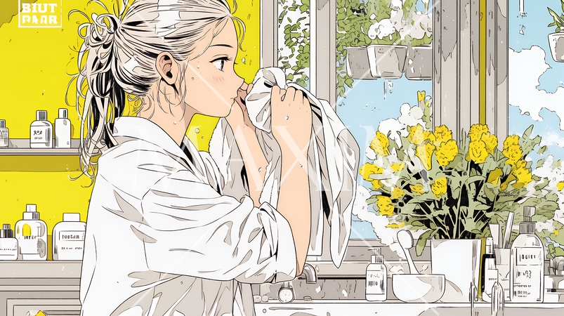 洗面所で朝の洗顔をする女性