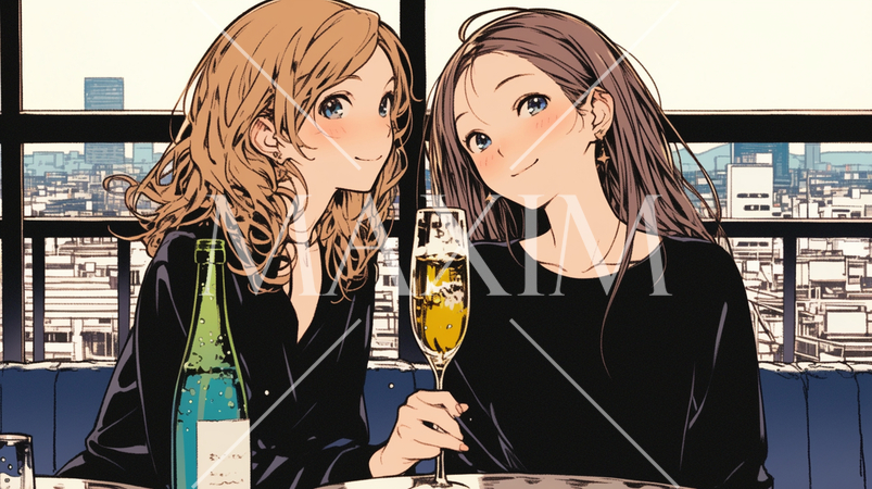 昼間の女子会：昼間からスパークリングワインを飲む仲良しな二人