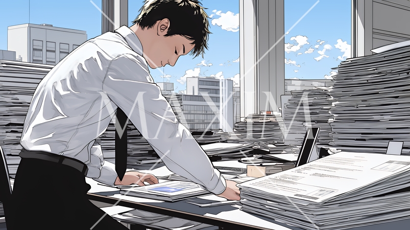 オフィスのデスクで、入念に書類をチェックする男性