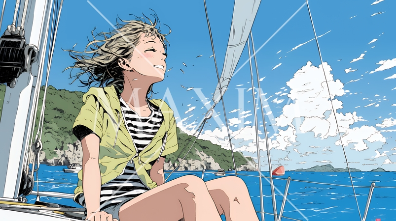 ヨットに乗っている若い女性