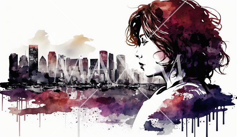 自分探しの旅に出ている若い女性：水彩画