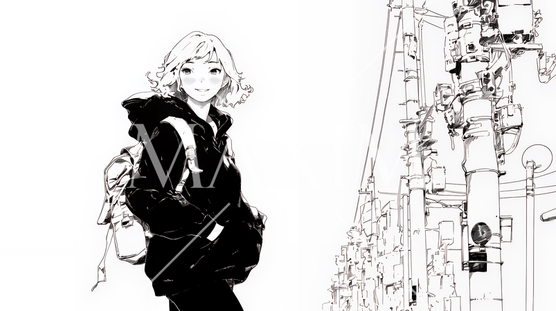 若い女性が佇む都市の街角（シンプルな色使い）