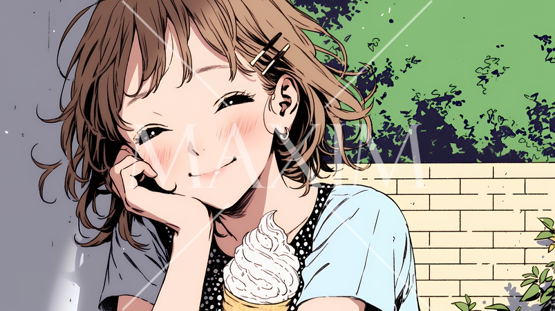 夏空の下でソフトクリーム（コーンに乗ったアイスクリーム）をたべる若い女性