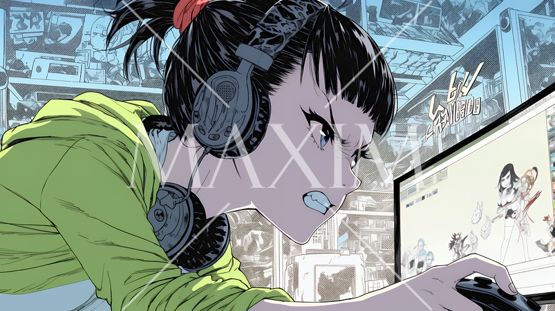 対戦型テレビゲームに没頭している若い女性