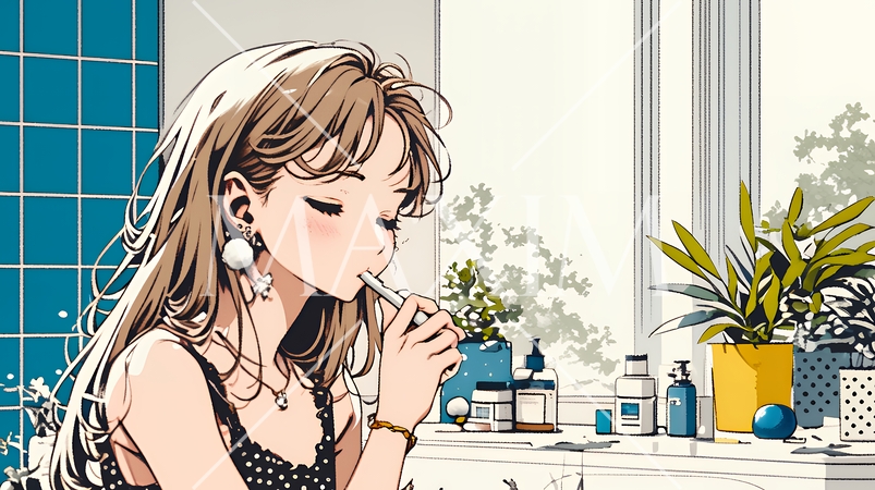 洗面所で朝の歯磨きをする若い女性