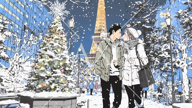 クリスマスイルミネーションの街でデートしているカップル