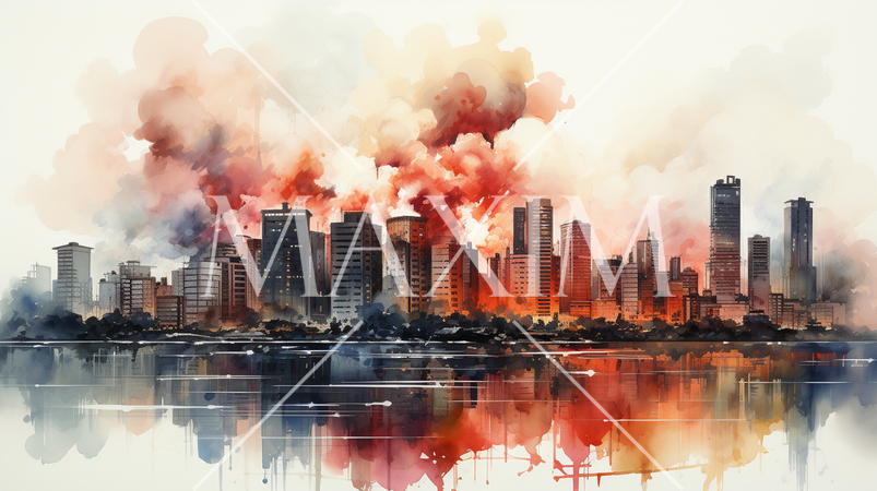 高層ビルの火災の水彩画