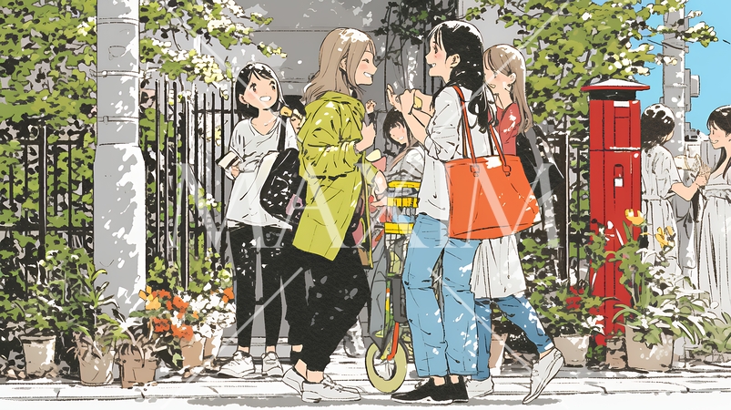 道端で会話を楽しむ若い主婦たち（ママ友たち）