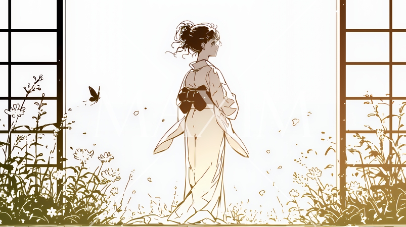 浴衣姿で夕涼みをしている若い女性（シンプルな色使い）