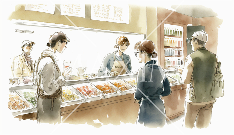 ドーナツのファーストフード店での客と店員のやりとり