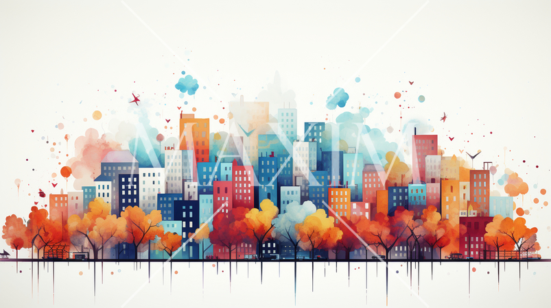 ビルが建ち並ぶ都市の外観イメージの水彩画