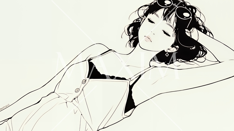 幸せそうな寝顔で眠っている若い女性（シンプルな色使い）