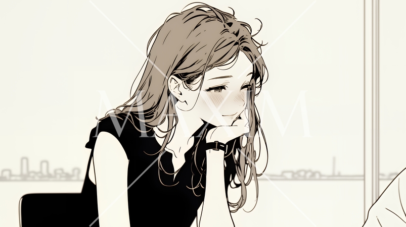 会議で発表している男性に魅了され、新しい恋の予感を抱いた若い女性（シンプルな色使い）