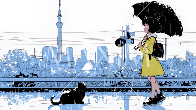 雨の中を歩く女性（シンプルな色使い）