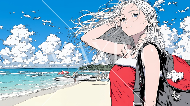 真夏（南半球）のビーチで活動中の女性のサンタクロース