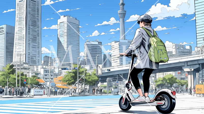 特定小型原付で都会を移動するビジネスパーソン