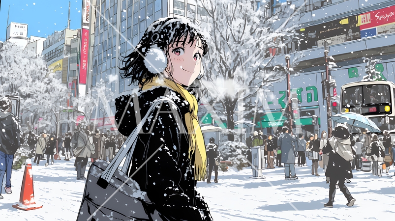 雪の積もる冬の都会を散策している若生女性