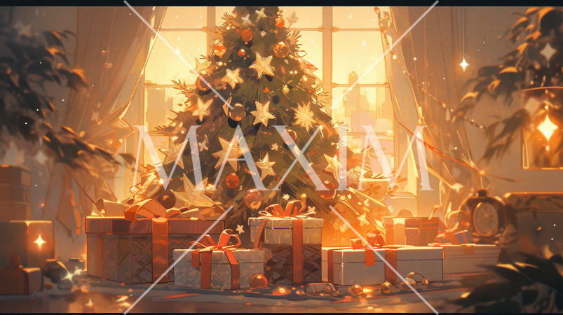 クリスマスツリーの前に並べられているクリスマスプレゼント