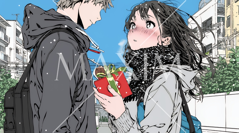 バレンタインディのチョコを男性に渡そうとしている若い女性