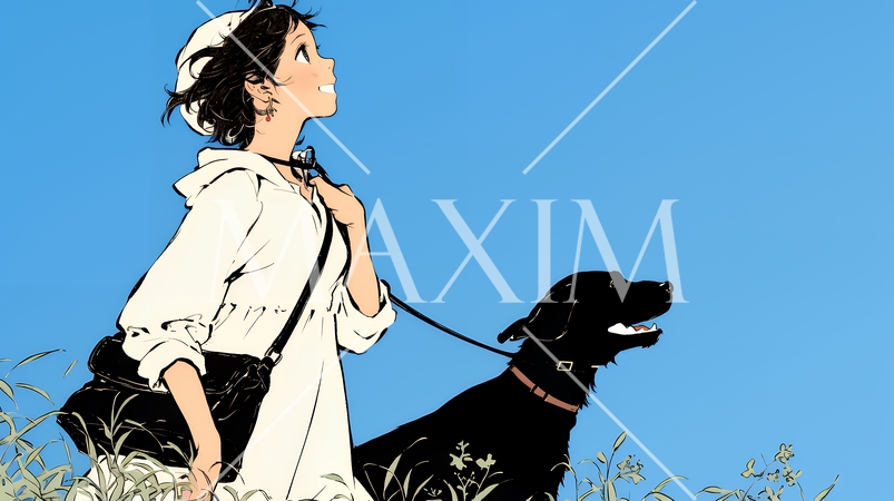 愛犬と散歩している若い女性（シンプルな色使い）