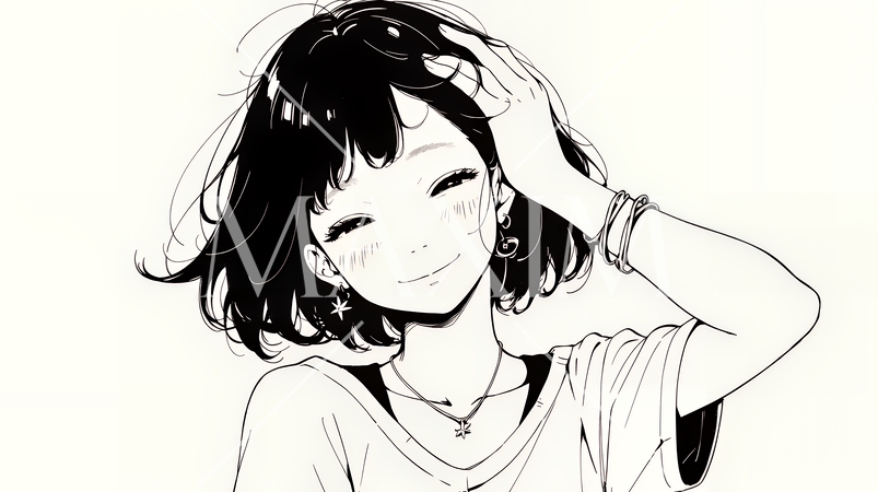 気恥ずかしそうに頭をかき、ごまかすような仕草を見せる若い女性（シンプルな色使い）