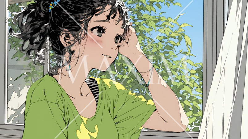 朝、カーテンを開けて天気を確認する若い女性