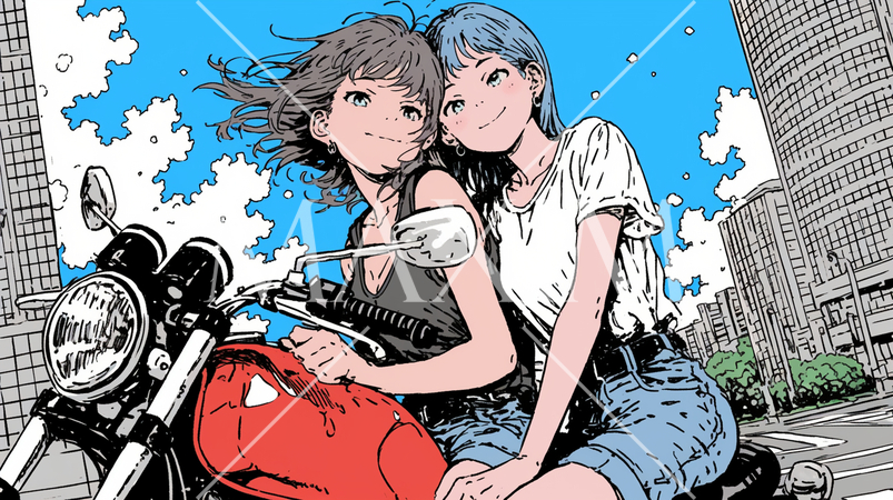 オートバイに二人乗りをしようとしている若い女性たち