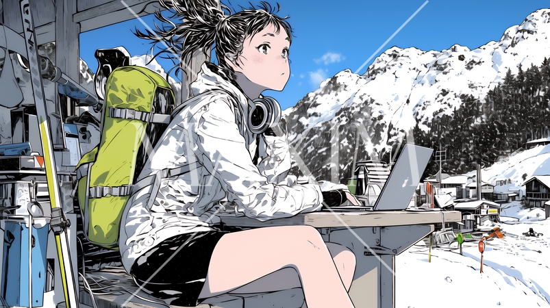 スキーリゾートに来ているのにPCを手放せない若い女性