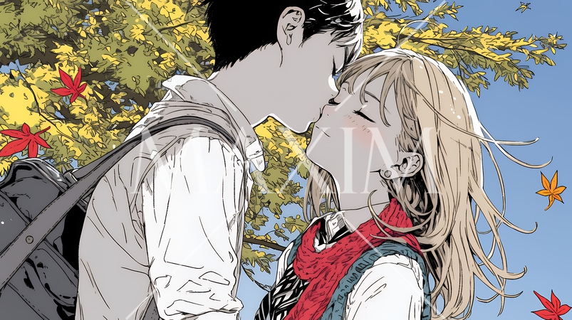 秋の紅葉の下でキスをしている若い恋人たち