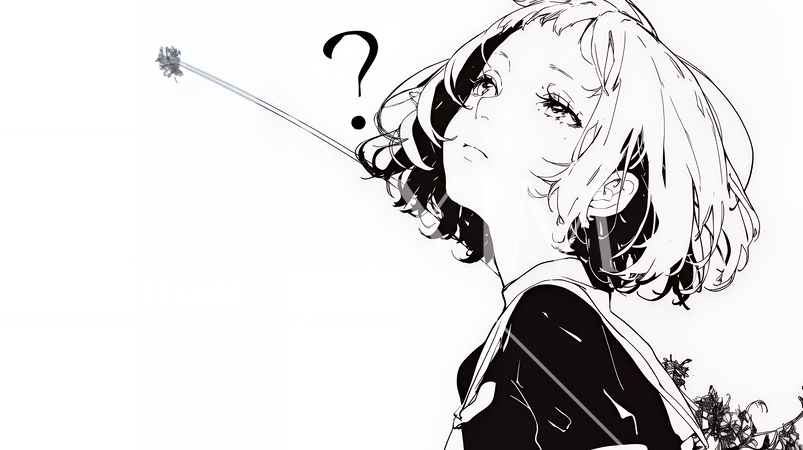 クエスチョンマークのある場面：頭の中にクエスチョンマークが生まれている（シンプルな色使い）