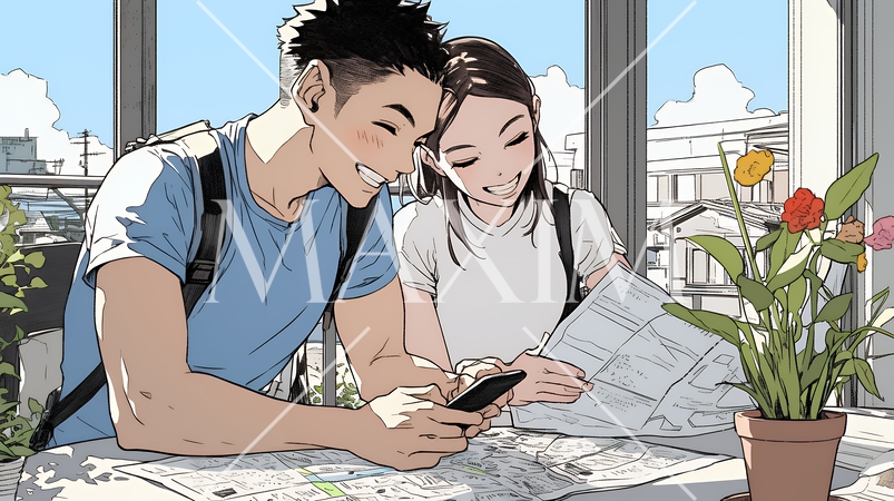 仲良く二人で旅行の計画を立てている若いカップル