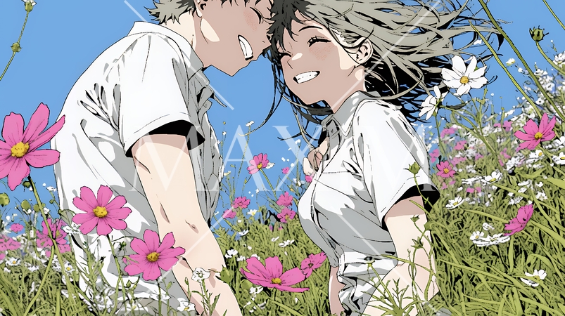 コスモス畑でデートをしている若いカップル