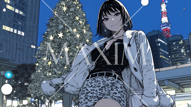 クリスマスイルミネーションが美しい街を散策する若い女性