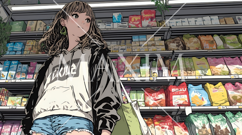 スーパーマーケットで買い物をしている若い女性