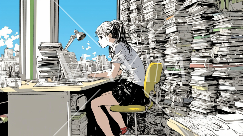 膨大な資料に取り囲まれて黙々と作業をしている若い女性