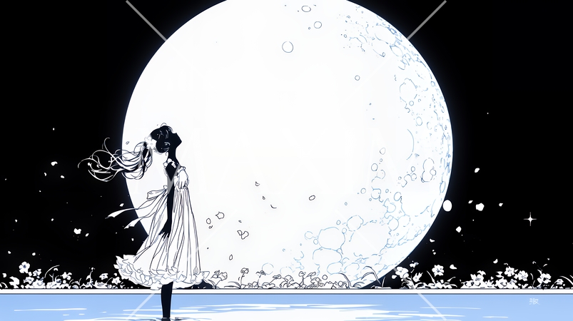 月見をしている若い女性（シンプルな色使い）