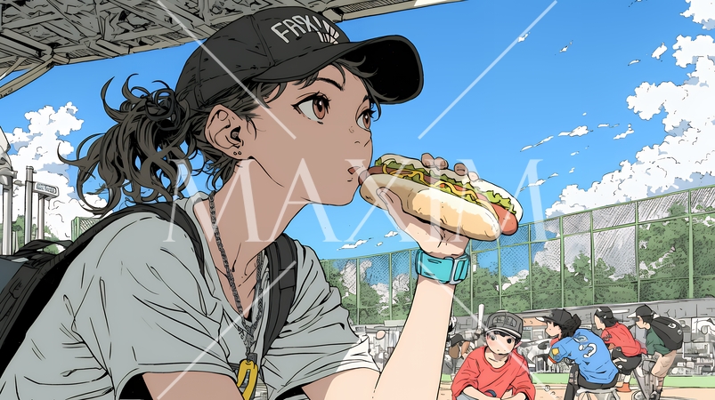 野球などの屋外スポーツを観戦しながら、ホットドッグを頬張る若い女性。