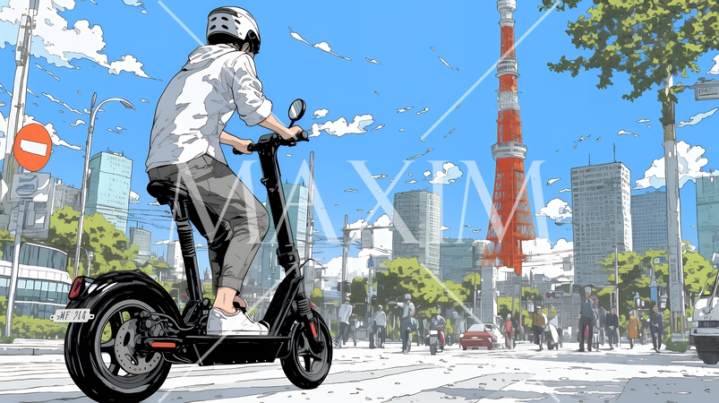 特定小型原付で都会を移動するビジネスパーソン