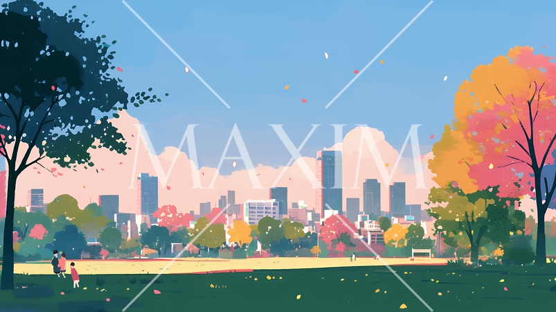 都市の町並みと青空（ポップでキュートな色使い）