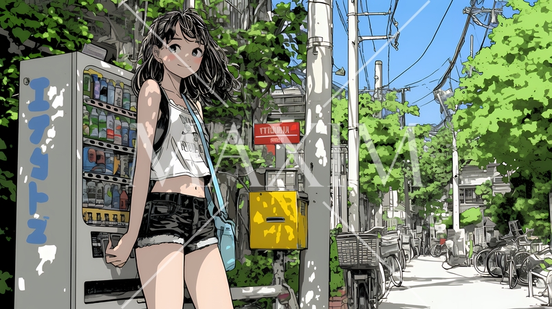自動販売機で飲み物を購入する若い女性｜日常・ライフスタイル・屋外シーン